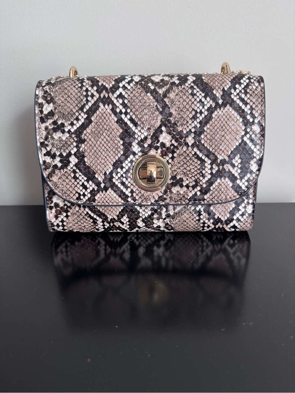 Snake-Print Shoulder Bag in Taupe and Black